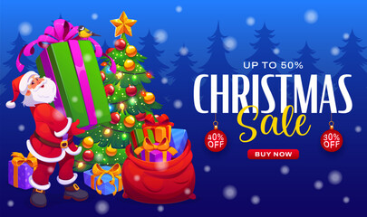 Christmas seasonal sales banner with Santa carrying a huge gift to a decorated pine tree. Vector gift sack on snow. Banner with prominent discount text for holiday promotions and sales events