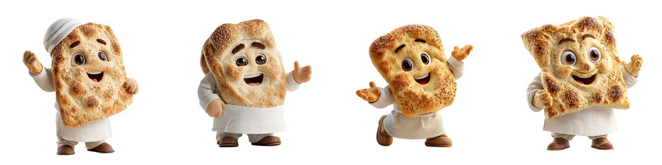 Four animated bread characters in white robes waving and gesturing