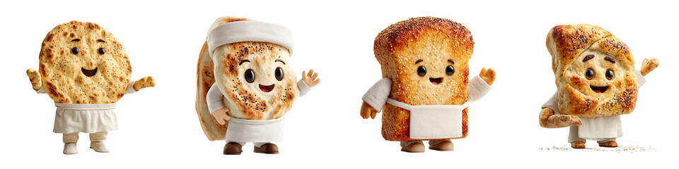 Four anthropomorphic bread characters wearing white aprons and chef hats