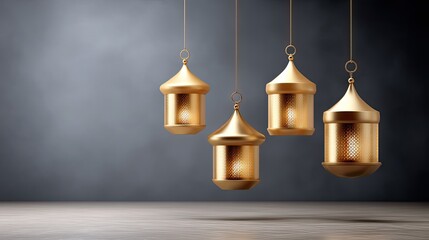 Obraz premium Elegant hanging lanterns with a golden finish casting a soft glow, beautifully arranged against a blurred dark background for festive ambiance