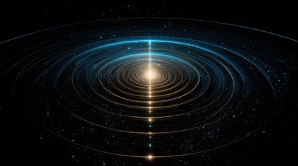 Galactic Core with Central Light and Concentric Glowing Rings and Stars on Black Background