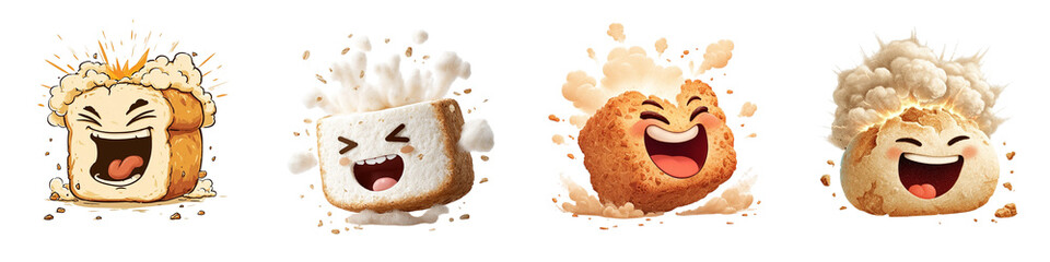 Set of four cartoon bread characters with different facial expressions