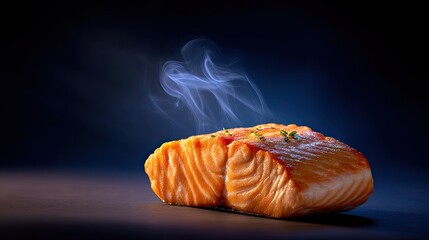 Delicious Fresh Salmon Fillet with Delicious Grilling Marks and Aromatic Smoke on Dark Background Ready for Gourmet Dish Presentation
