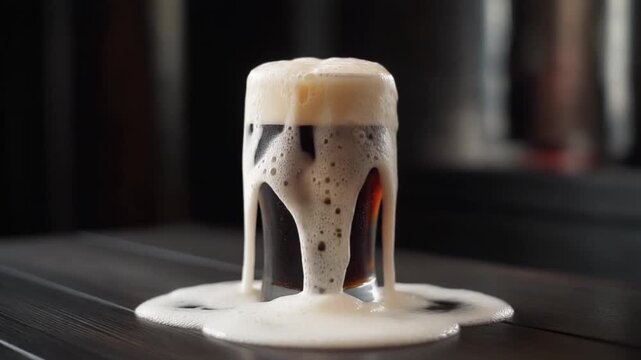Overflowing Dark Beer A Close-Up of Foamy Stout Spill
