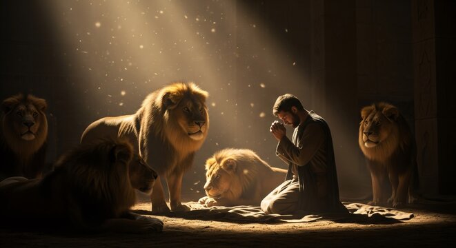 Prophet Daniel Praying Among Lions, Bible Story Concept