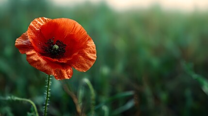 Vibrant Red Poppy Flower Blooming in a Lush Green Field.