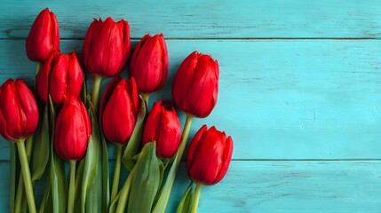 Vibrant Red Tulips Arrangement on a Rustic Turquoise Wooden Background.