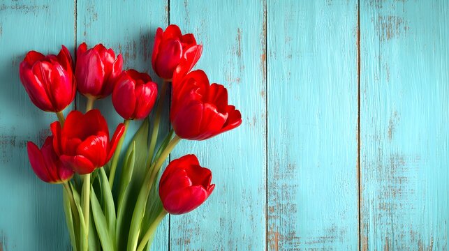 Vibrant Red Tulips Arrangement on Distressed Teal Wooden Background. - Powered by Adobe
