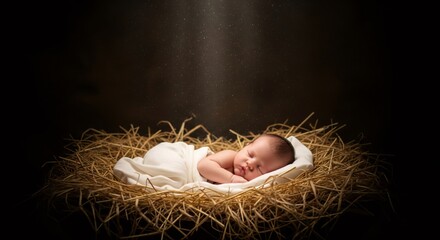 Newborn Baby Sleeping in Hay Cr&egrave;che Under Heavenly Light