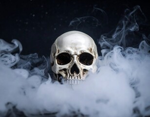 A stark human skull peers out from a swirling cloud of white smoke against a dark background, evoking mystery