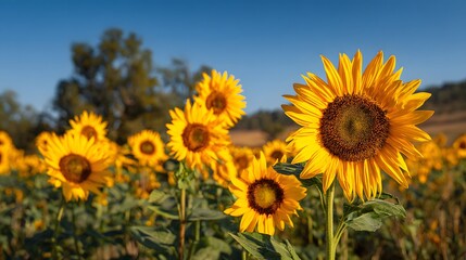 Obraz premium Vibrant Sunflower Field Under a Clear Blue Sky.