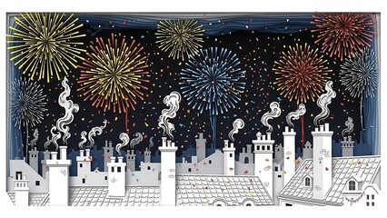 Festive Fireworks Display Over City Rooftops - A Night of Celebration.