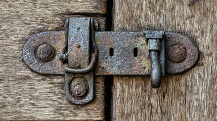 hasp. Close-up of a rusty iron hasp fastened on an old wooden crate with side lighting. safety posters, maintenance manuals, designed for precision metalworking and fabrication facilities.