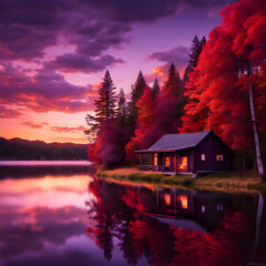 Fototapeta premium Tranquil lakeside cabin at sunset with autumn trees