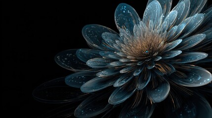 Abstract glowing blue and gold fractal flower on a black background