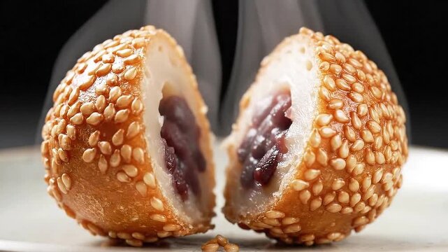 Golden Sesame Ball Dessert With Red Bean Paste Filling Steam Rising Dark Studio Background Macro Shot