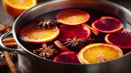 Warm Spiced Mulled Wine with Oranges and Star Anise in a Pot.
