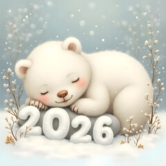 Cute bear sleeping in snowy 2026 wonderland