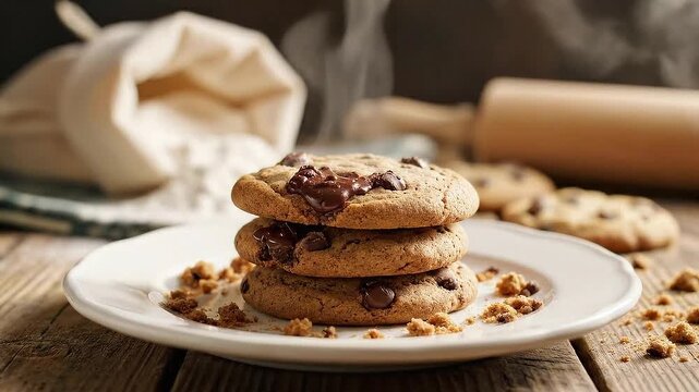 Hand Placing Chocolate Chip Cookie On Stack on Wooden Tabletop Next to Flour Sack and Rolling Pin in Rustic Style for Food Content Creation Ideal for
