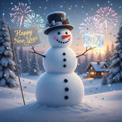 Snowman celebrates new year's eve with fireworks