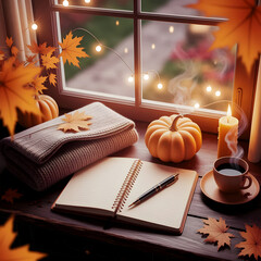 Cozy autumn setup with notepad, coffee, and candle