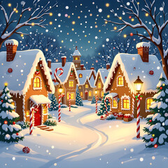 Enchanting gingerbread village covered in wintry snow