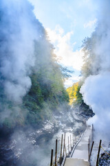 初秋の小安峡大噴湯　秋田県湯沢市　Oyasukyo Gorge Great Fountain in early autumn. Akita Pref, Yuzawa City.