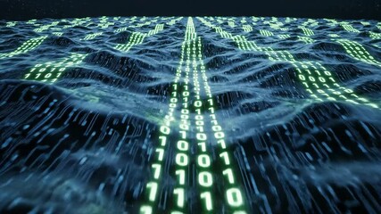 Dynamic digital landscape with glowing green binary code flowing across an abstract undulating surface representing data streams artificial intelligence and the intricate world of technology and cybe. - Powered by Adobe