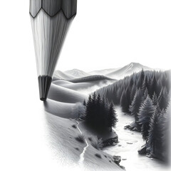 Pencil transforms into serene winter landscape scene
