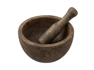 Traditional kitchen tool for grinding and mixing wooden mortar and pestle on isolated background.
