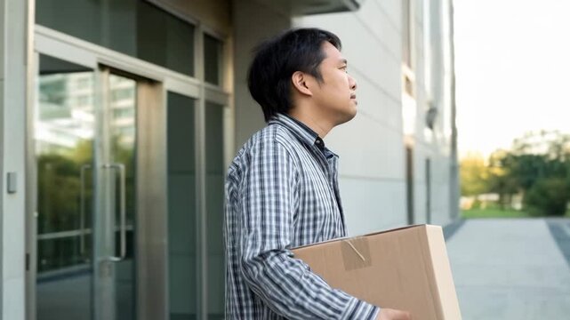 Man carrying cardboard box outside modern building delivery worker holding parcel with thoughtful expression Asian man holding cardboard box outside