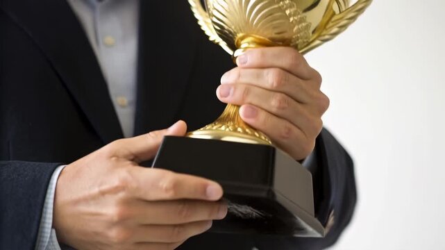 Man in suit holding gold trophy cup and award with proud hands, business victory celebration, confident achievement and warm success emotion