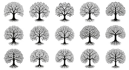 Elegant Tree of Life Circle Design with Roots Vector Illustration Set