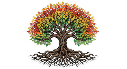 Vibrant Rainbow Tree of Life with Roots and Colorful Leaves Vector Illustration