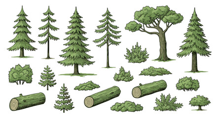 Vintage Engraving Style Forest Elements - Trees, Bushes, and Logs Vector Set