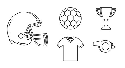 Sports Line Art Icons Set - Football, Soccer, Trophy, and Equipment