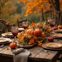 Rustic autumn dining table with vibrant fall centerpiece, Thanksgiving theme