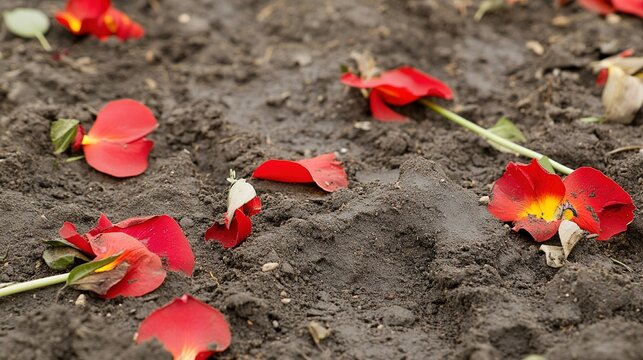 trampled. A garden soil surface with trampled flower petals and broken stems in soft daylight. ESG reports, sustainability campaigns, designed for sustainability communications and ESG reporting.