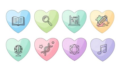 Colorful Heart Icons Representing Diverse Educational Subjects.