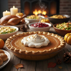 Thanksgiving feast with pumpkin pie and seasonal dishes