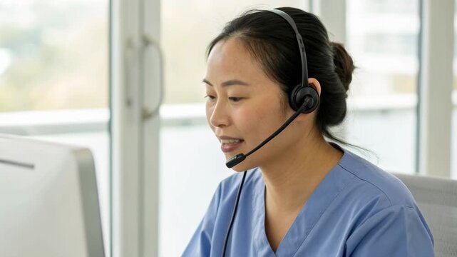 Female nurse headset telehealth call center telemedicine consultation computer remote patient support smiling caring professional clinic office