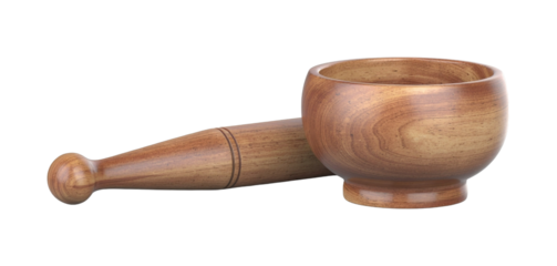 Traditional kitchen tool for grinding and mixing wooden mortar and pestle on isolated background.