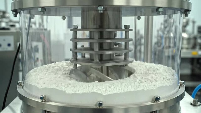 Industrial Pharmaceutical Mixing Machine Processing White Granules in a Sterile Laboratory Environment with Stainless Steel Components and Clear