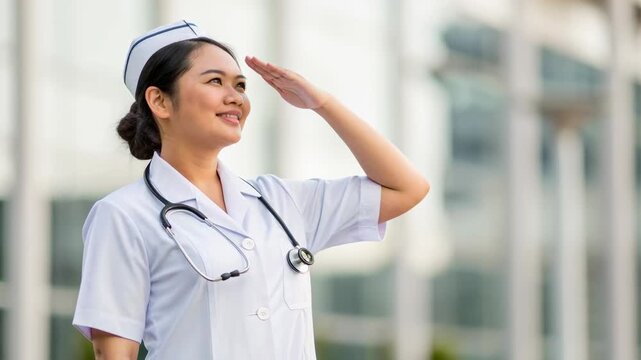 Young nurse with stethoscope saluting proudly uniform, confident healthcare professional smiling outdoors salute front of hospital exterior