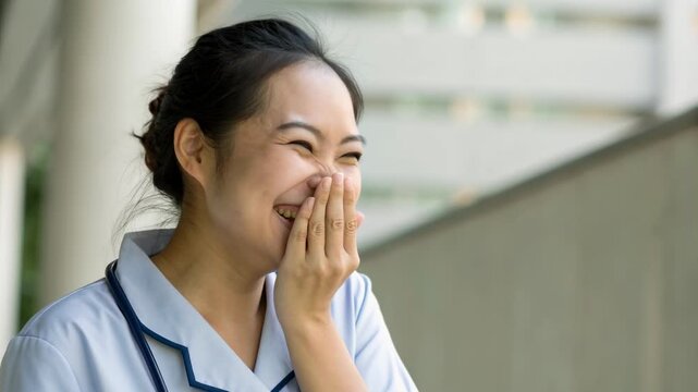 Young nurse laughing with hand covering mouth in hospital corridor joyful healthcare worker smiling in uniform stethoscope medical laughter joyful