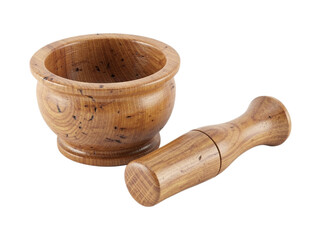 Traditional kitchen tool for grinding and mixing wooden mortar and pestle on isolated background.
