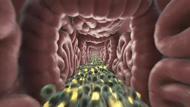 Intestinal Tract Animation of Digestion Microscopic View With Nutrient Particles Flowing Through Intestines Realistic 3D Rendering
