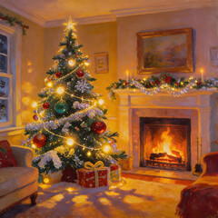 Cozy christmas ambiance with decorated tree and fireplace