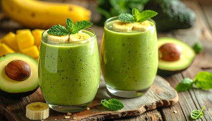 Two glasses of fresh green smoothie made with avocado, banana, and mango, garnished with mint on a rustic wooden table.
