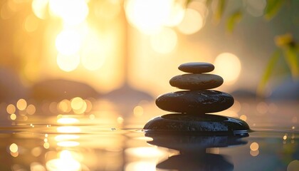 Stacked zen stones in calm water with golden sunrise bokeh background, reflecting peaceful tranquility